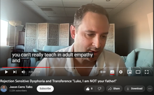 Rejection Sensitive Dysphoria and Transference "Luke, I am NOT your father!"
47 views  20 Jul 2023
Watch this video to see how not dealing with your parental figures can cost you years of suffering and chronic stress, often times crippling your past and current day relationships.