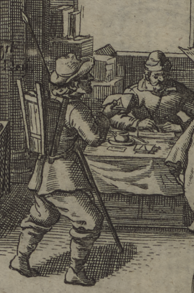 Detail from the German broadside "Newe Jahr Avisen, In Jehan petagi Kramladen zu erfragen" (1632) showing a messenger transporting a locked letter to someone sitting at a table. 