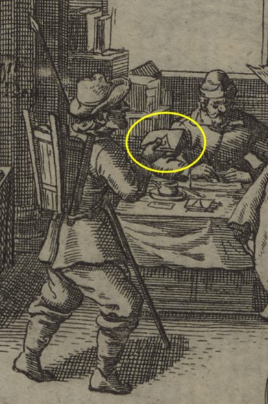Detail from the German broadside "Newe Jahr Avisen, In Jehan petagi Kramladen zu erfragen" (1632) showing a messenger transporting a locked letter to someone sitting at a table. 