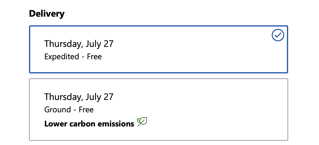 Two options for delivery on 6/27 but the unselected option also says "lower carbon emissions"