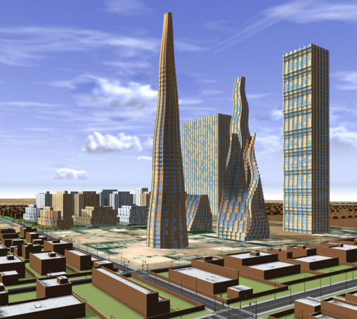 Screen capture of an ArcGIS CityEngine scene of procedurally generated 3D buildings.
