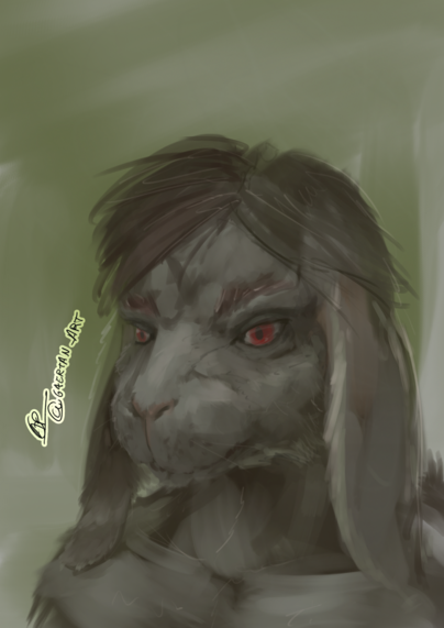 digital illustration, portrait framed, of a werebunny with grey fur and two tone hairdo looking kind of angry