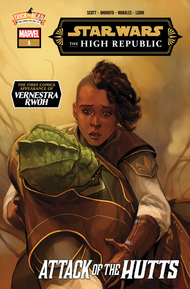 A Marvel Trick-or-Read cover with art by Phil Noto. The artwork shows human Jedi Knight Keeve Trennis holding her Trandoshan Master, Sskeer, regarding him with a worried face. Sskeer himself appears to be unconscious or worse.