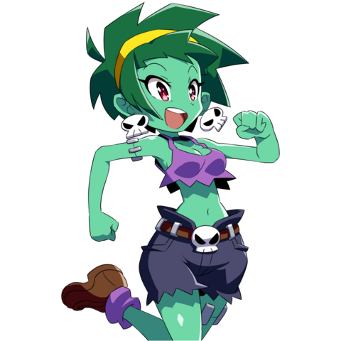 Official art of Rottytops, a recurring character in the Shantae series of video games. She's a green-skinned zombie with moderately short, messy, dark green hair held back by a yellow headband. She's dressed in a ragged purple tank top, brown boots with purple slouchy socks, and blue-black cutoff shorts held up by a brown belt with a cartoon skull belt buckle. She's in mid-run; she is smiling brightly and her mouth is open in a smile. She has cartoon skull earrings to match the belt buckle. The drawing is done in a loose manga style.