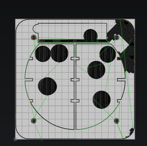 GCode view from OctoPi showing the top downview of the in progress print, there are a series of lines and circles connected by green lines indicating where the print head will move to between laying down material
