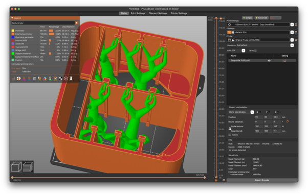 Prusa Slicer image of the 3d model that will be printed. There are green trees surrounded by an orange box which represent the new "organic".