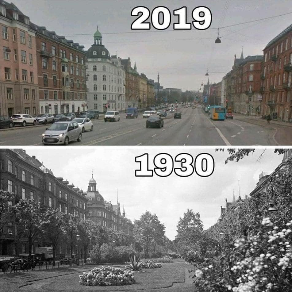 Kaksi kuvaa Kööpenhaminasta samasta paikassa. Vuonna 1930 paikalla on vehreä puisto. Vuonna 2019 tilalla on monikaistainen autoviemäri.