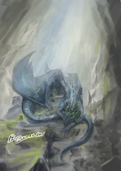 digital illustration of a light blue dragon in an underground cave coiled and sleeping like a serpent would do, it has a scar on its left part of the head