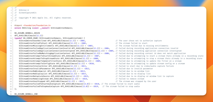 Screenshot of SCError.h, with missing availability annotation for SCStreamErrorDomain string constant.