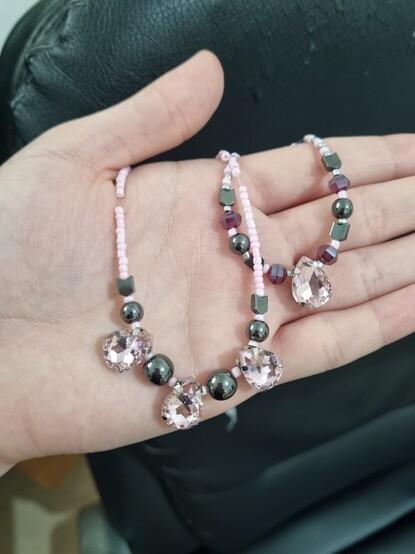 2 handmade necklaces with pink glass drop pendants red, punk, silver and grey beads