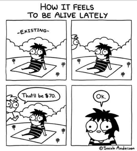 comic title: How it feels to be alive lately
1) person 1 sitting outside ("existing" written above)
2) person 2 appears
3) person 2 says "That'll be $70"
4) person 1, crying, says ok