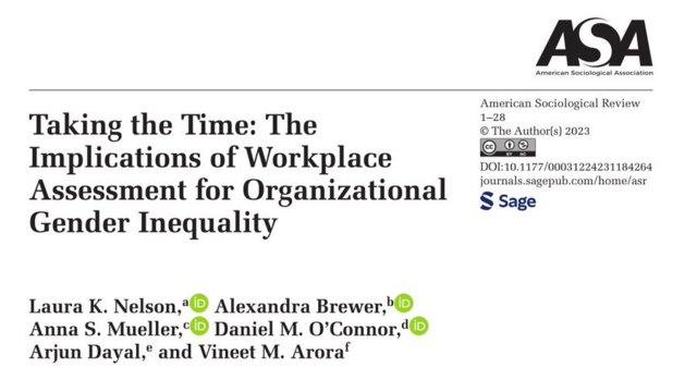 Screenshot of title and authors: Taking the Time: The Implications of Workplace Assessment for Organizational Gender Inequality", by Laura K. Nelson, Alexandra Brewer, Anna S. Mueller, Daniel M. O'Connor, Arjun Dayal, and Vineet M. Arora. Published in the American Sociological Review.