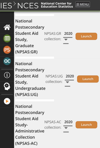 Screenshot of NCES DataLab showing the three NPSAS datasets available.