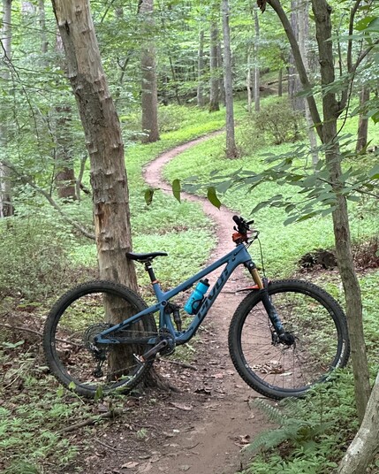 Mouton bike in profile in lush woodlands with a serpentine single track trail extending behind it.