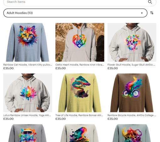  the web page shows several colorful hoodies with designs of different kind, in the style of soft watercolours, digitally manipulated images, ready-made objects, prismatic portraits, rebellious crafts, rainbowcore,  unique printed hoodies with original artwork, in the style of bright color palettes, product store has several colorful hoodies, in the style of surreal elements, inkblots