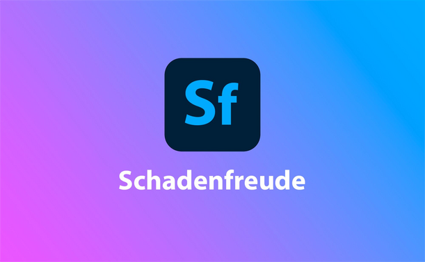 Blue icon over colorful gradient just like the Adobe Photoshop Ps logo, but it's Sf instead. White, bold text underneath reads: Schadenfreude.