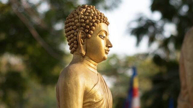 Profile of a gold Buddha statue.