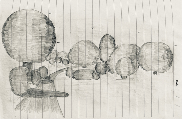 Le dessin d’Ana , on y voit un chemin qui longe le bois et beaucoup d’arbres de toutes les tailles. En noir et blanc
