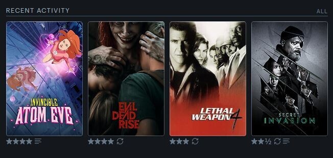 Captura de pantalla de Letterboxd mostrando los posters de Atom Eve, Evil Dead Rise, Arma Letal 4 y Secret Invasion.