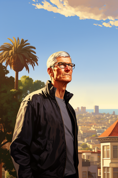 Tim Cook in the style of a GTA:V Character. Created in Midjourney. 