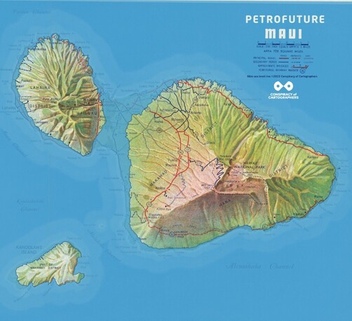 The Petrofuture--detail of Maui...1956 Chevron gas station map of Hawaiian Islands, with 66 meters of sea level rise