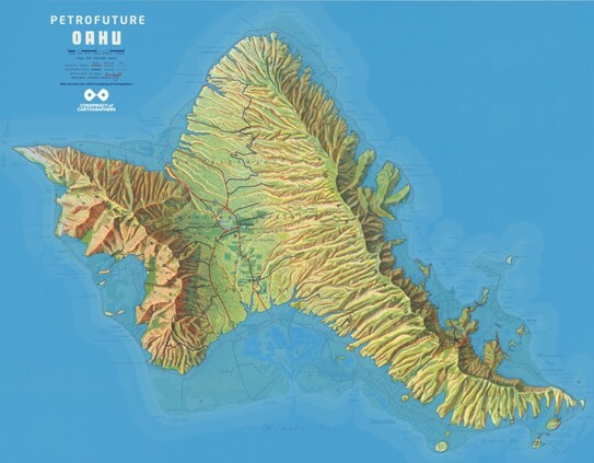 The Petrofuture--detail of Oahu...1956 Chevron gas station map of Hawaiian Islands, with 66 meters of sea level rise