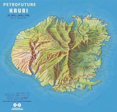 The Petrofuture--detail of Kauai...1956 Chevron gas station map of Hawaiian Islands, with 66 meters of sea level rise