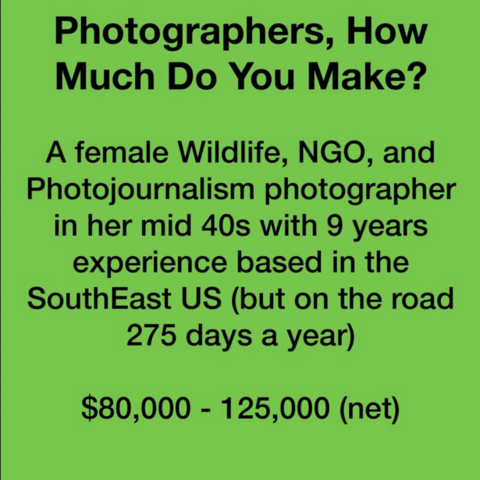 Black text on green background:
Photographers, How Much Do You Make? 
A female Wildlife, NGO, and Photojournalism photographer in her mid 40s with 9 years experience based in the SouthEast US (but on the road 275 days a year)
$80,000 - 125,000 (net)
