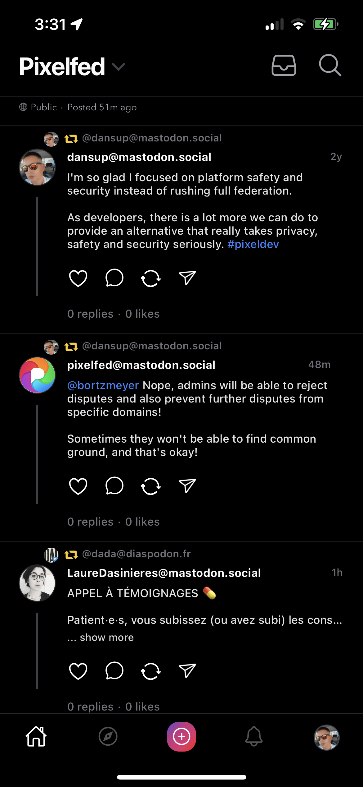 Pixelfed mobile app screenshot with 3 text reblogs
