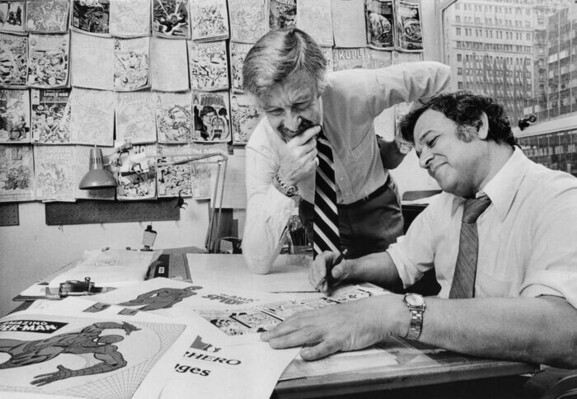 1978, NYC: Marvel Comics' Stan Lee and artist John Romita go over a daily strip featuring Spiderman