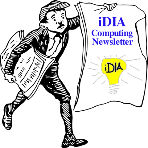 An old tintype illustration of a newsboy carrying a broadsheet on which "iDIA Computing Newsletter" and the iDIA logo of a light bulb has been added.
