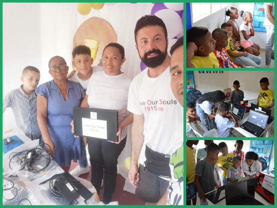 Collage aus Fotos einer Laptopübergabe in Kolumbien. Auf einem Tisch liegen mehrere Laptops mit Ladegeräten. Am Tisch steht eine Gruppe aus deutschen und kolumbianischen Helfern. Die anderen Fotos zeigen Kinder und Jugendliche vor den Laptops, die eine erste Einweisung bekommen.