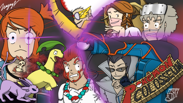 A Pokémon Colosseum fanart!!! On the left: Rui detects a dark aura.... In front of her, an Espeon, a Plusle, and a Bayleef with a dark aura are poised to lunge forward. In the middle: Wes's hand holds a Poké Ball that's been converted into a Snag Ball. Purple streaks spring out of the ball, framing the faces of the four admins of Cipher: Miror B. in the top left, Dakim in the bottom left, Venus in the top right, and Ein in the bottom right. All are glancing towards Wes's face, with very subtle infuriated expressions. On the right: Wes stands facing the left and making a very cool pose. Below him is a custom logo for the video game I'm making a fanart of, inspired by the original (and also far cooler) Japanese logo that places the text on the ruins of a colosseum.
