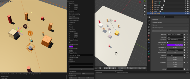 - to the left : a 3d view of simple objects inside the Bevy game engine
- then further right a list of different ecs components inside Bevy
- even further right, the same 3d scene inside Blender
- rightmost: custom properties inside Blender describing the same components as inside Bevy