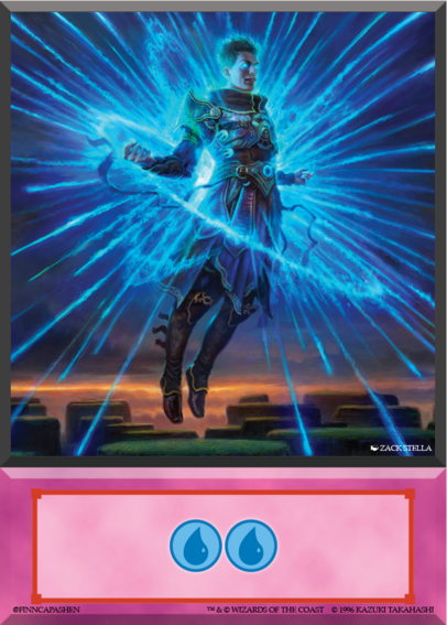 wizard floating midair surrounded by blue magical energy bursting away from them, cloudy sunset and plateau tops in background