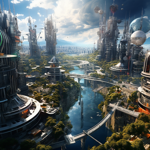 Midjourney Prompt: extremely diverse city from above with elements of cyberpunk, hope punk, solar punk, science fiction, ultra wide angle, satellite view --v 5.2