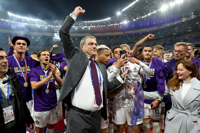 Le président du Toulouse FC Damien Comolli lors de la victoire en finale de la Coupe de France le 29 avril 2023 au Stade de France. © Photo Jean Catuffe / DPPI via AFP