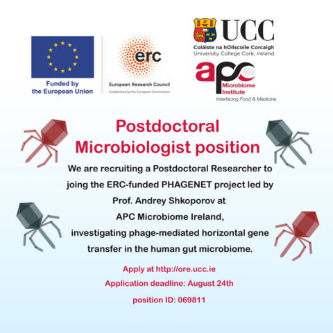 Job advert for postdoctoral position at University College Cork, working on phages in the research team of Professor Andrey Shkoporov.