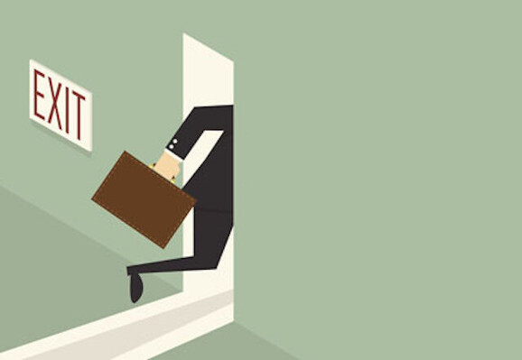 Reasons to leave a job: cartoon illustration of a person in a business suit half-way out a door that has an EXIT sign