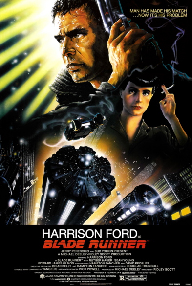 Film poster: A futuristic city with big skyscrapers in the dark with a lots of lights shining.
On top a montage of 2 people: A man with a gun and a woman holding a cigarette.
At bottom the title in red: "BLADE RUNNER"