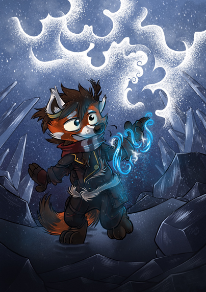 Arou the red panda into cryomancer. He start casting a spell in iced landscape.