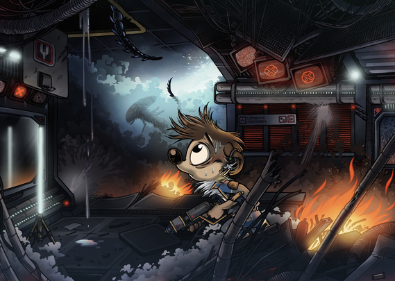 It's an Alien (movie) fanart. Titash with a weapon in a broken space station explorate corridors. We can see an Alien in the fumes of the background and seem another is hidden in the roof.