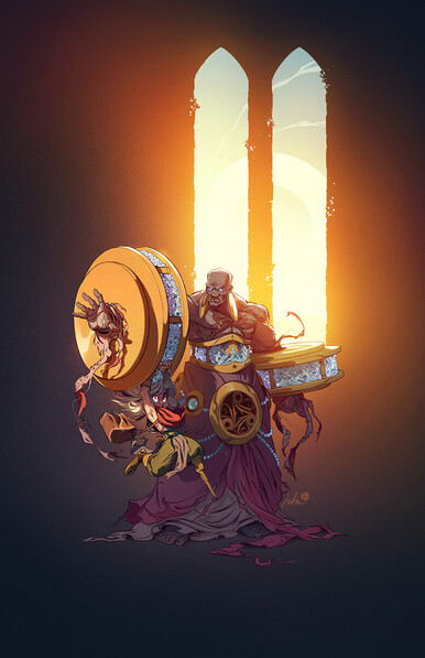 An image of Dal and Qebrus next to a pair of tall arched windows. Dal is swinging happily from one of Qebrus' cuffs, to his apparent annoyance.