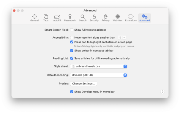 Safari 16.6 Settings pane in Macos 13.5 showing a dropdown for adding User Stylesheets