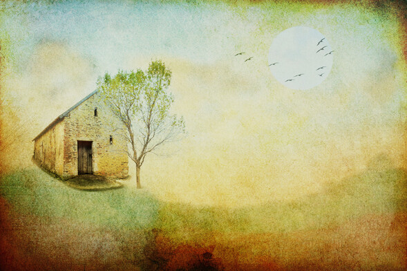 A composite image of an old, abandoned stone farmhouse. I used a number of background textures to create an early morning atmosphere with the fog starting to burn off.