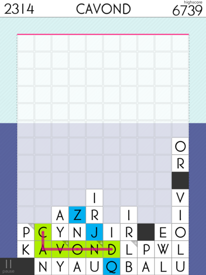 Spelltower for iPhone & iPad, developed by @helvetica@mastodon.gamedev.place (screenshots circa 2012)

Tiled letters during the game with a word selected "CAVOND" 