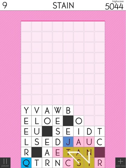 Spelltower for iPhone & iPad, developed by @helvetica@mastodon.gamedev.place (screenshots circa 2012)

Tiled letters during the game with a word selected "STAIN" 