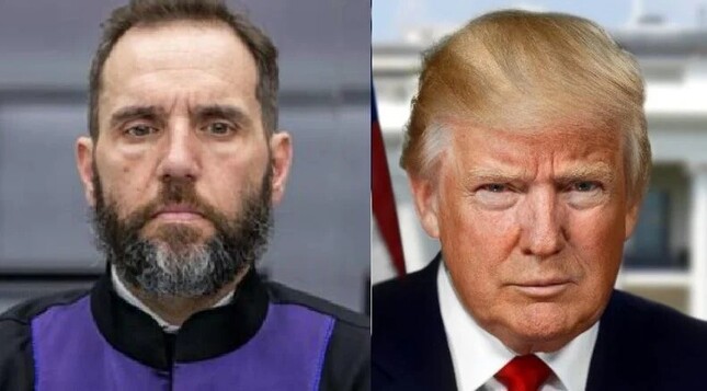 Image of nonplussed Jack Smith, and plussed Donald Trump