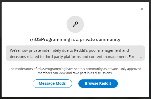 Screenshot of subreddit r/iOSProgramming being set to private mode to protest some cause.