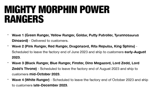 Screenshot of the Pre-Order Status Page on Super7's website, updated August 2 (which is tomorrow):

* Wave 1 (Green Ranger, Yellow Ranger, Goldar, Putty Patroller, Tyrannosaurus Dinozord) - Delivered to customers.
* Wave 2 (Pink Ranger, Red Ranger, Dragonzord, Rita Repulsa, King Sphinx) - Scheduled to leave the factory end of June 2023 and ship to customers early-August 2023.
* Wave 3 (Black Ranger, Blue Ranger, Finster, Dino Megazord, Lord Zedd, Lord Zedd’s Throne) - Scheduled to leave the factory end of August 2023 and ship to customers mid-October 2023.
* Wave 4 (White Ranger) - Scheduled to leave the factory end of October 2023 and ship to customers late-December 2023. 